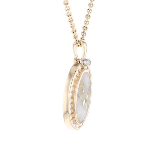Gold Quartz Necklace .37ctw Halo Diamond Oval Inlaid Pendant