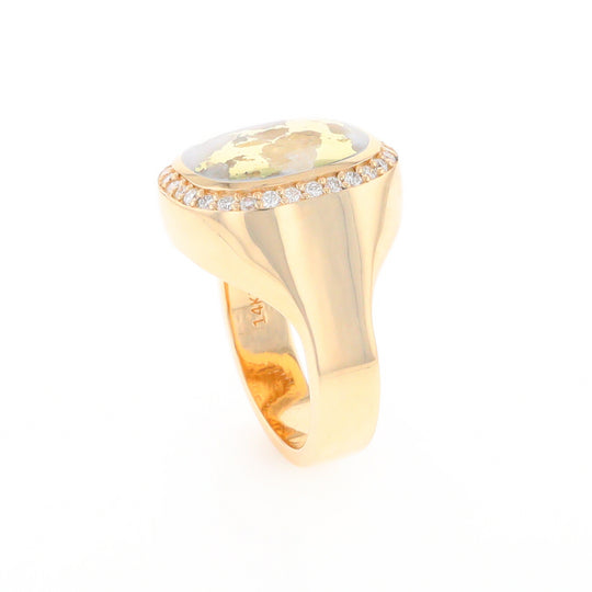 Gold Quartz Cushion Inlaid Men's Ring with Diamond Halo