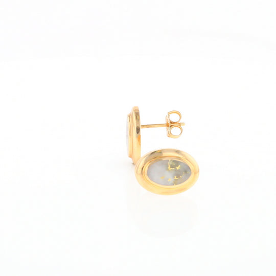 Gold Quartz Earrings Oval Inlaid Design Studs G2