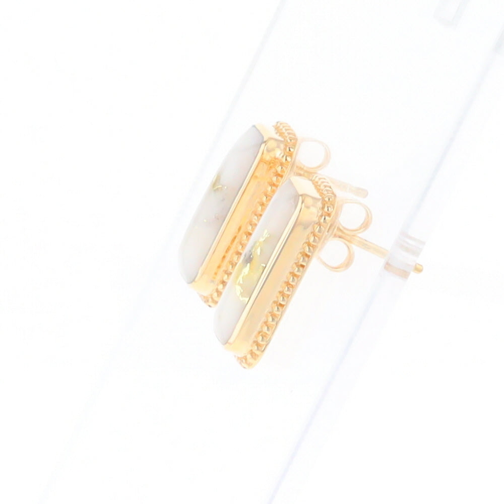 Gold Quartz Earrings Rectangle Inlaid Milgrain Design - G2