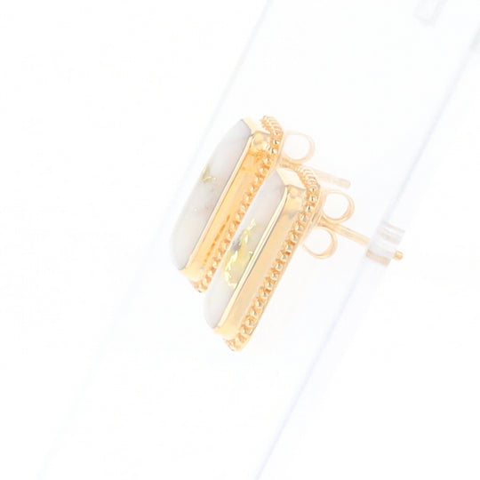 Gold Quartz Earrings Rectangle Inlaid Milgrain Design - G2