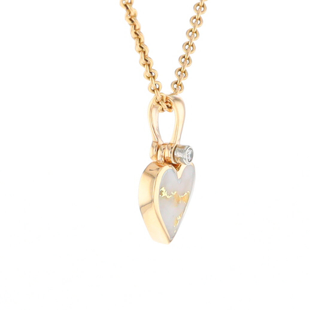 Gold Quartz Necklace Heart Inlaid Design Pendant with .02ct Diamond