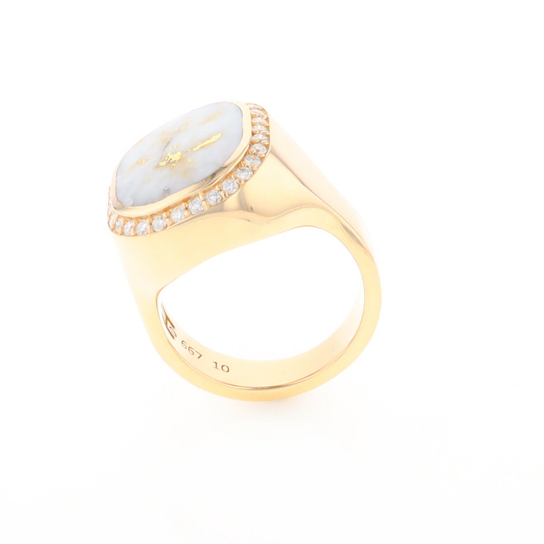 Gold Quartz Cushion Inlaid Men's Ring with Diamond Halo