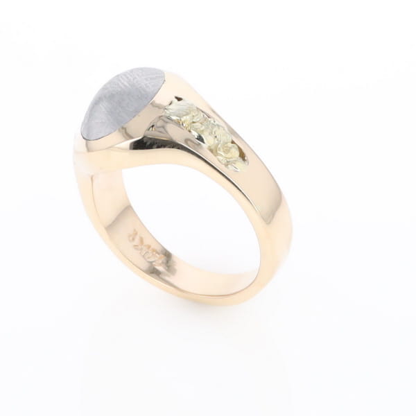Oval Meteorite Inlaid Ring with Natural Gold Nuggets