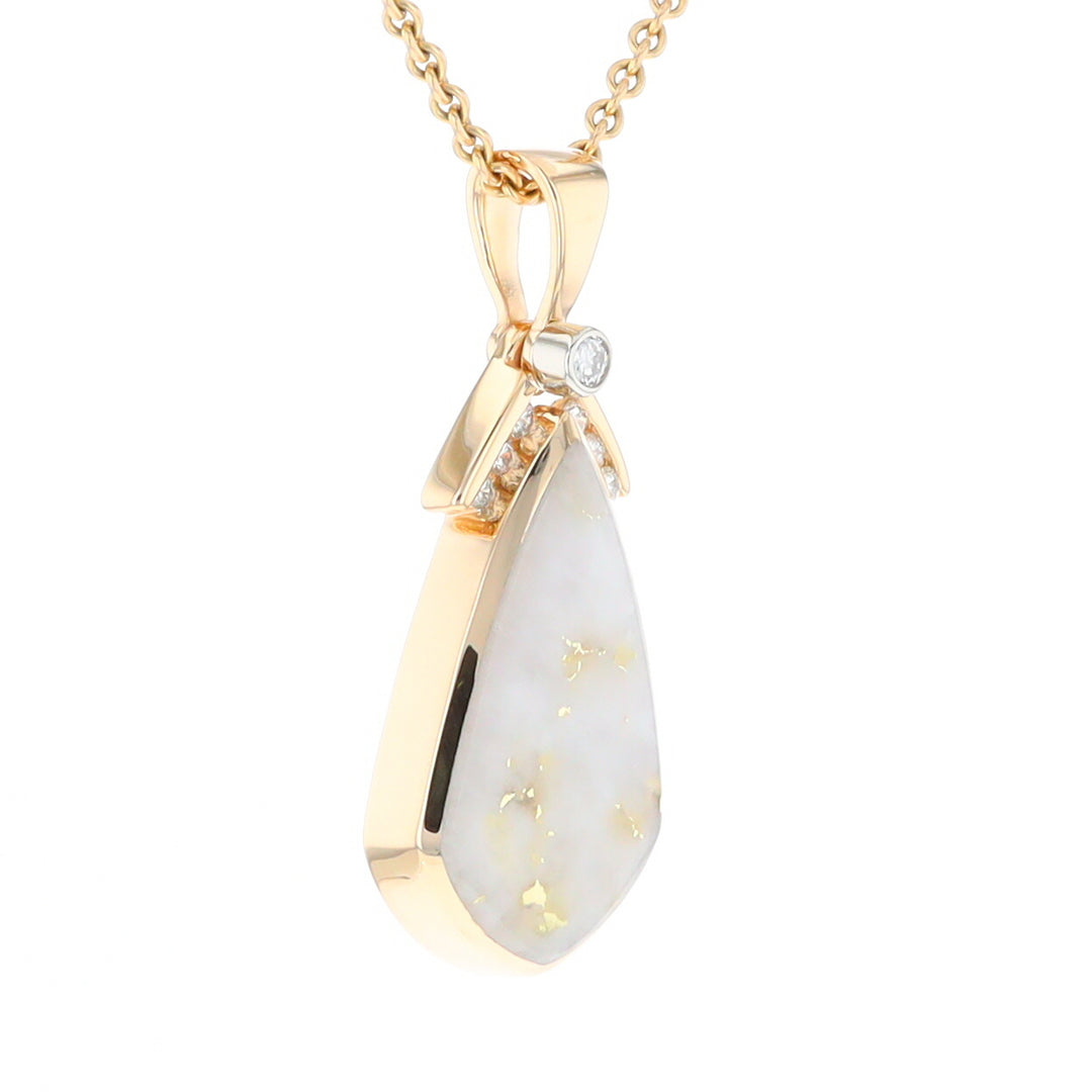 Gold Quartz Necklace Pear Shape Inlaid Pendant with .15ctw Diamonds