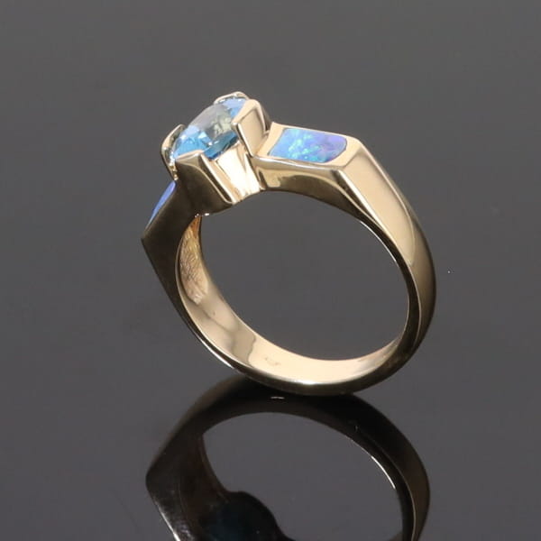 Opal Rings 2 Section Inlaid Design with Oval Swiss Blue Topaz Center