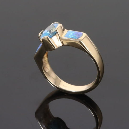 Opal Rings 2 Section Inlaid Design with Oval Swiss Blue Topaz Center