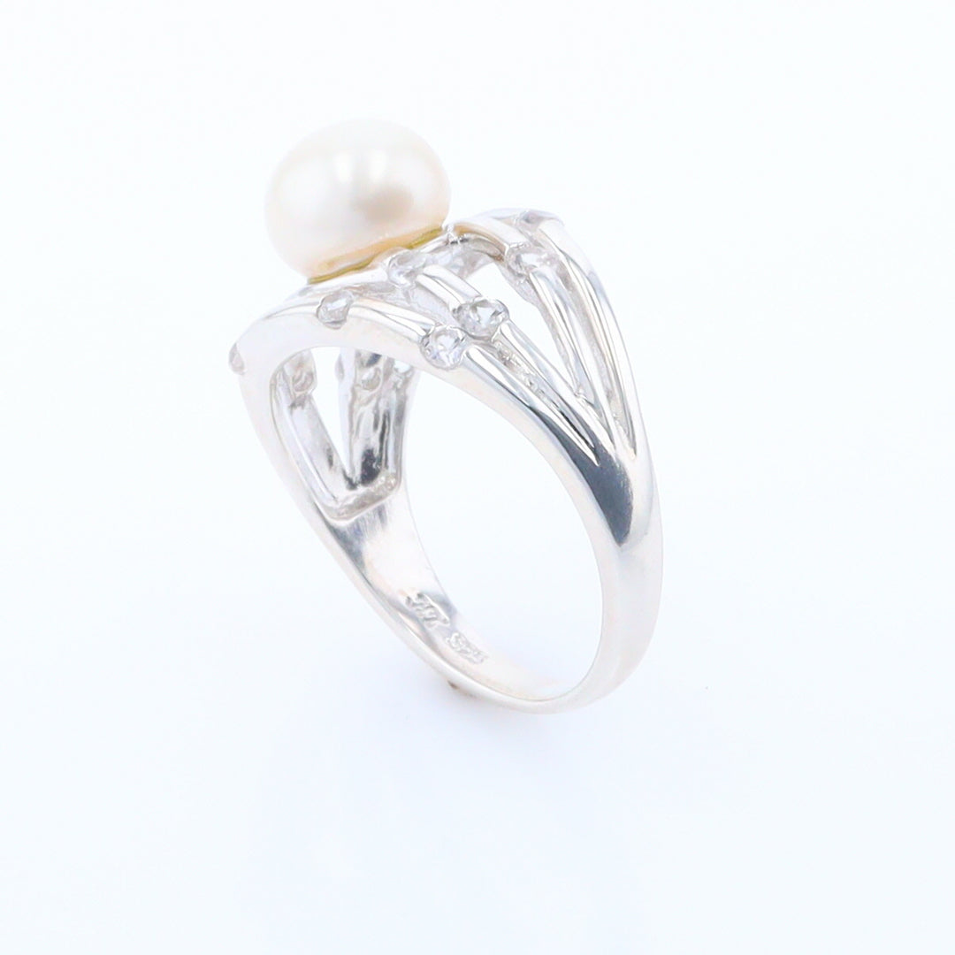 Pearl Bamboo Ring with Cubic Zirconia Accents