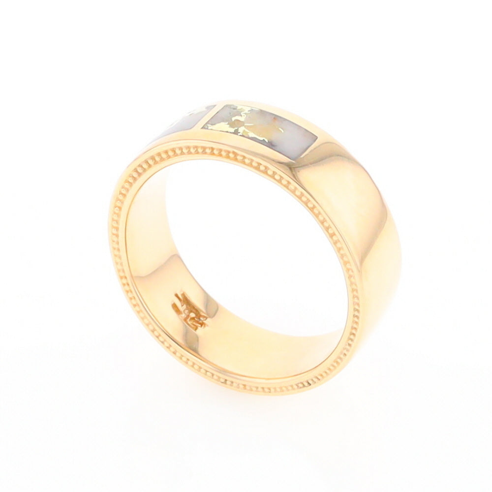 Gold Quartz Ring 3 Section Rectangle Inlaid Band with Milgrain Design