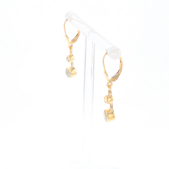 Gold Quartz Earrings Circle Shape Inlaid with .20ctw Diamonds Lever Backs