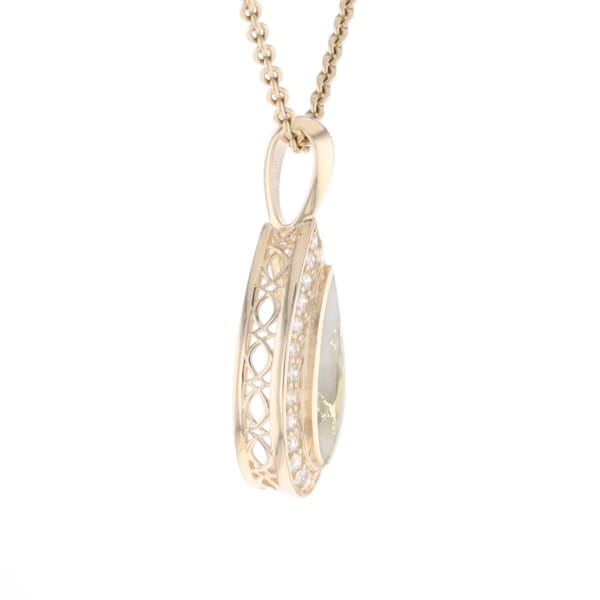 Gold Quartz Pendant Tear Drop Inlaid .42ctw Diamond Halo Design