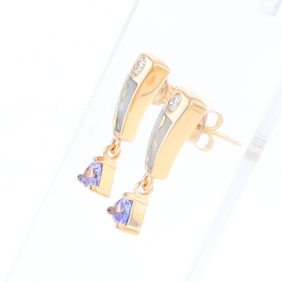 Gold Quartz Earrings Rectangle Inlaid Design with 0.11ct Diamonds & Trillion Cut Tanzanite