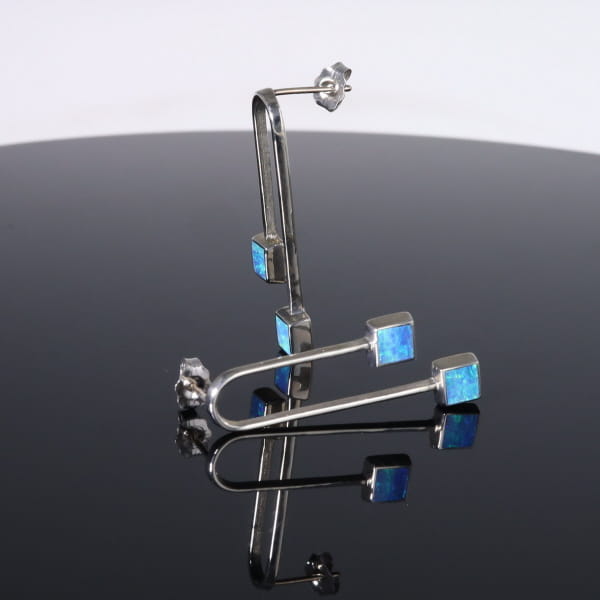 Opal Earrings Curved Bar Double Square Inlaid Ends Design Studs