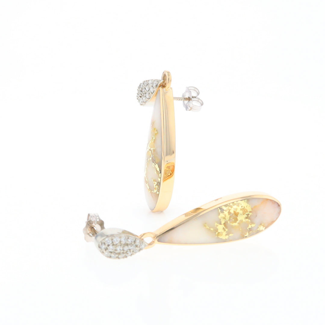 Gold Quartz Earrings, Tear Drop Inlaid with .22ctw Diamond Pave Design