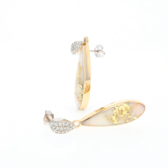 Gold Quartz Earrings, Tear Drop Inlaid with .22ctw Diamond Pave Design