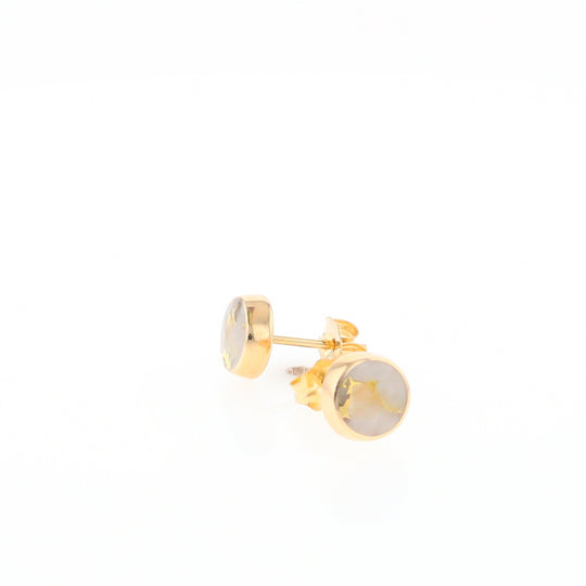 Gold Quartz Earrings Round Inlaid Studs