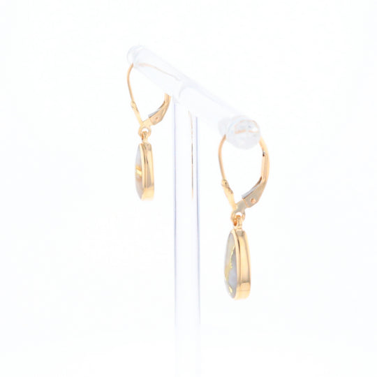 Gold Quartz Earrings Tear Drop Inlaid Lever Backs