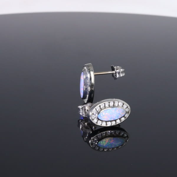 Opal Earrings Oval Inlaid with .25ctw Round Diamond Halo Studs