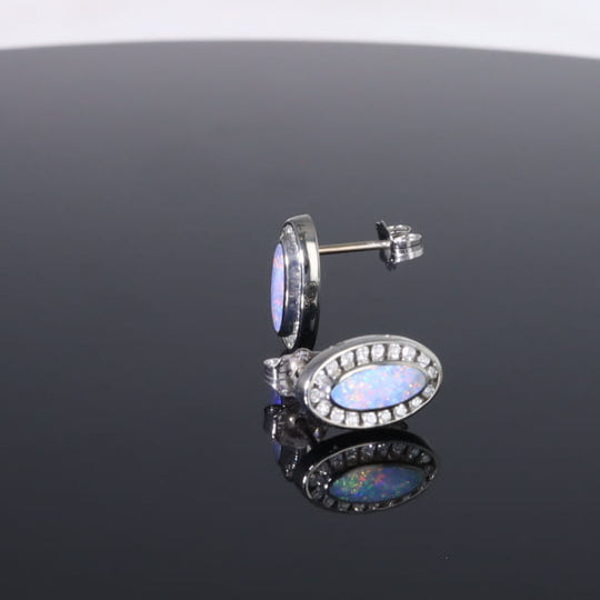 Opal Earrings Oval Inlaid with .25ctw Round Diamond Halo Studs
