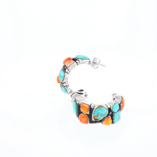 Turquoise & Spiny Oyster Semi-Hoop Stud Earrings