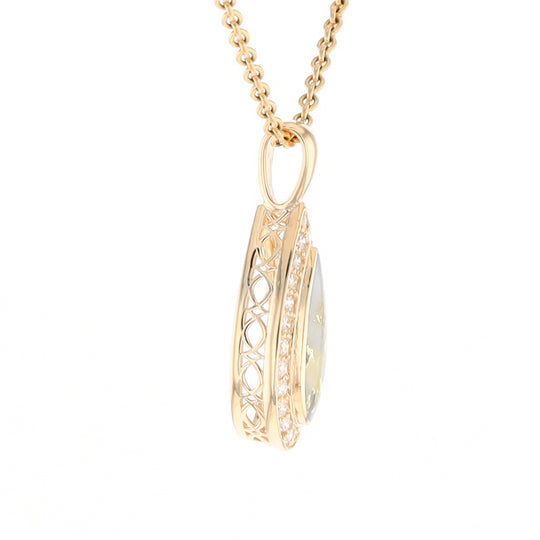 Gold Quartz Pendant Tear Drop Inlaid .42ctw Diamond Halo Design