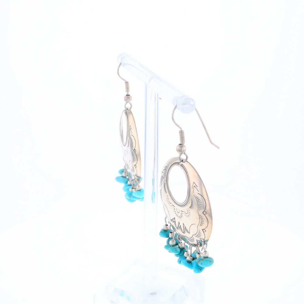 Stamped Silver Hook Earrings with Turquoise Dangles