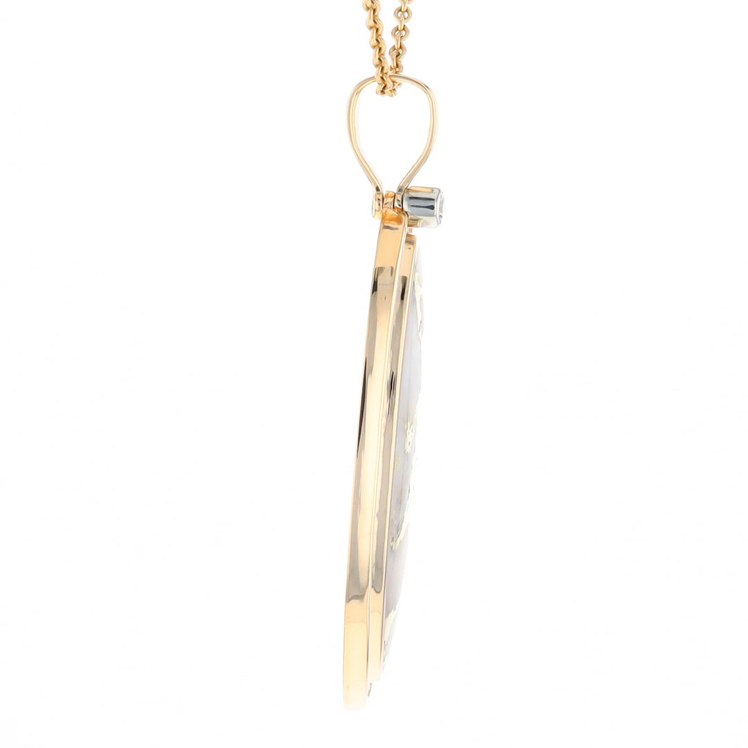 Gold Quartz Necklace 0.96ctw Halo Diamond Oval Inlaid Pendant