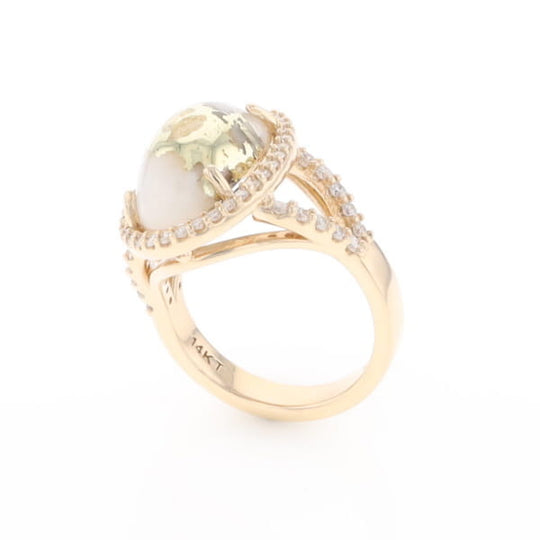 Gold Quartz Ring Oval Cabochon 0.65ctw Round Diamonds Halo