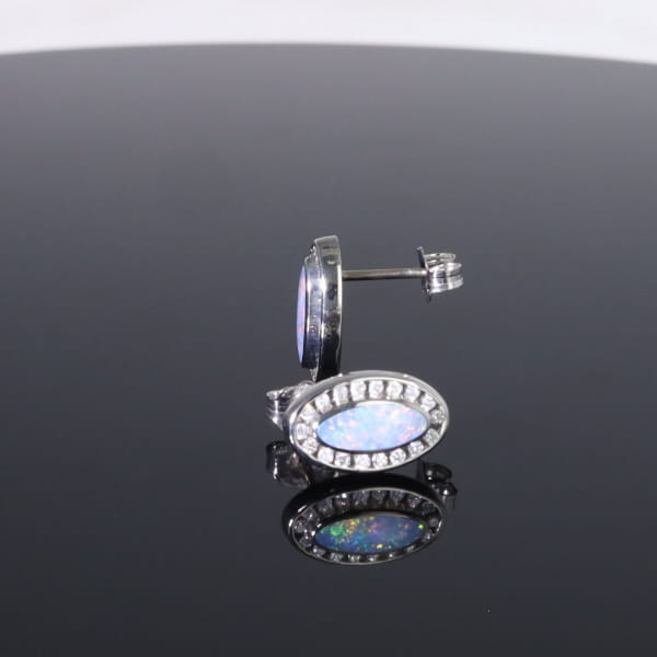 Opal Earrings Oval Inlaid with .25ctw Round Diamond Halo Studs