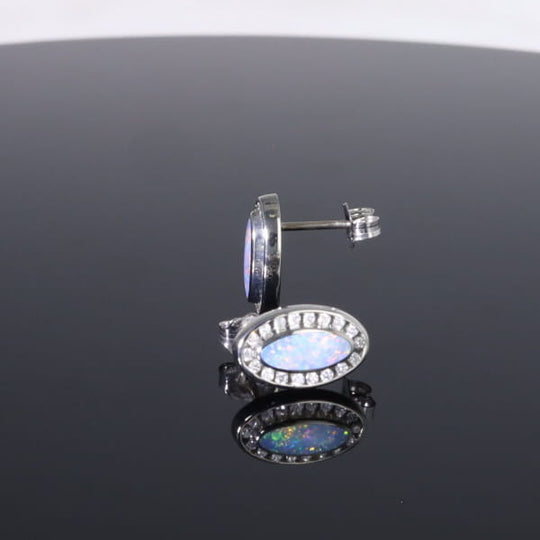 Opal Earrings Oval Inlaid with .25ctw Round Diamond Halo Studs