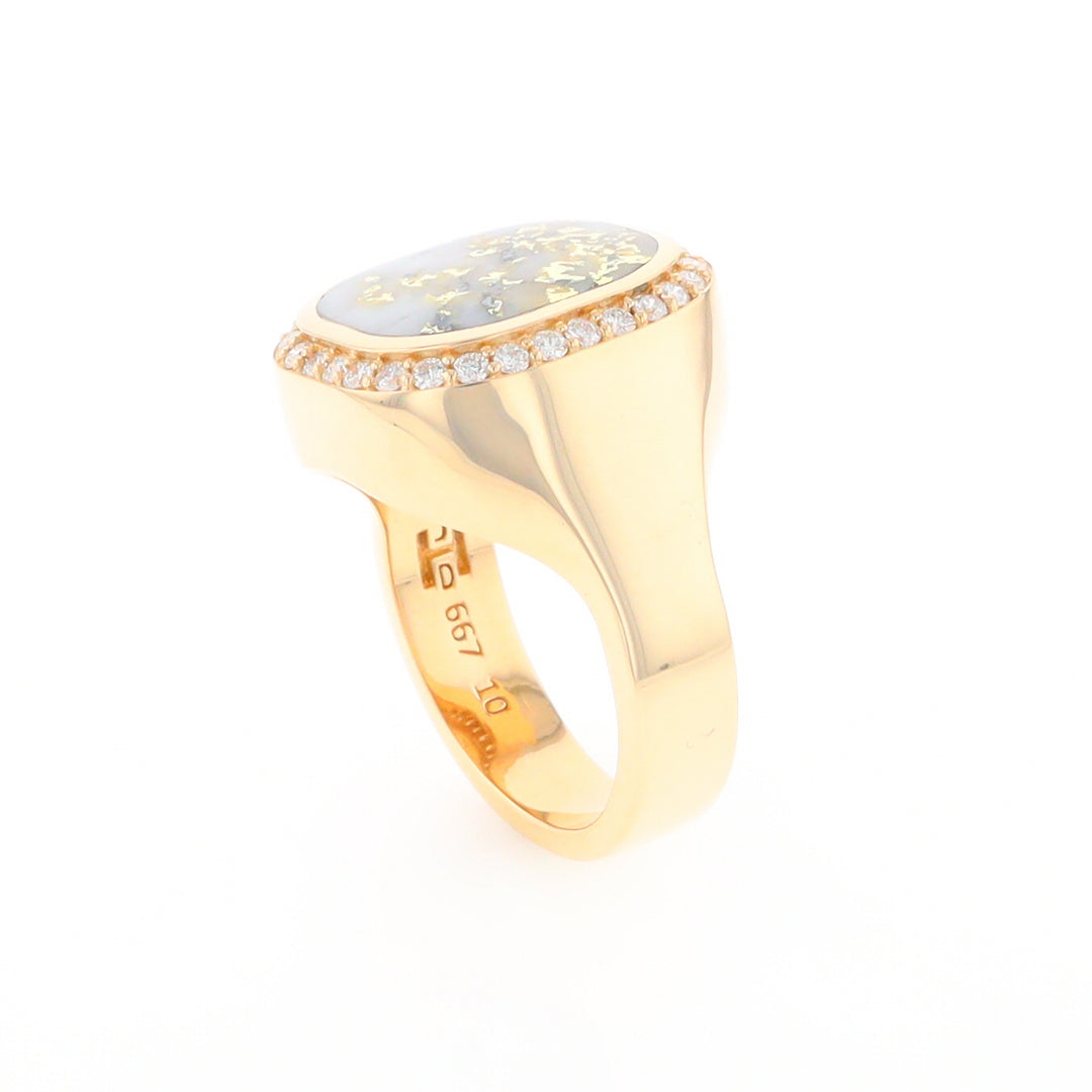 Gold Quartz Cushion Inlaid Men's Ring with Diamond Halo