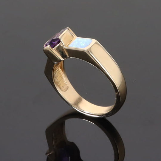 Opal Rings 2 Section Inlaid Design with Oval Amethyst Center