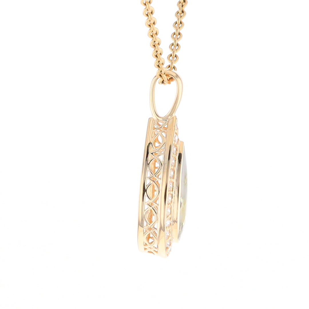 Gold Quartz Pendant Tear Drop Inlaid .42ctw Diamond Halo Design