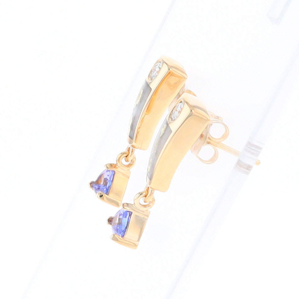 Gold Quartz Earrings Rectangle Inlaid Design with 0.11ct Diamonds & Trillion Cut Tanzanite