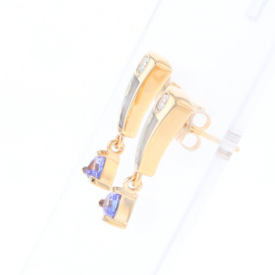 Gold Quartz Earrings Rectangle Inlaid Design with 0.11ct Diamonds & Trillion Cut Tanzanite