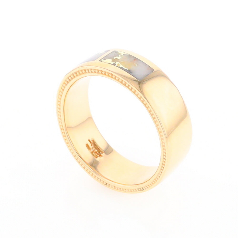 Gold Quartz Ring 3 Section Rectangle Inlaid Band with Milgrain Design