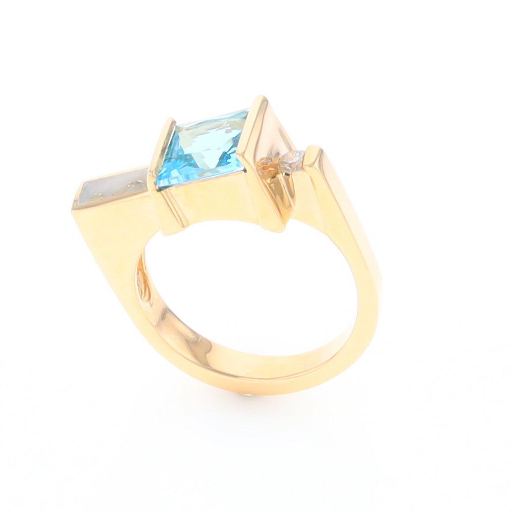 Gold Quartz Ring Rectangle Inlay Swiss Blue Topaz .06ct Round Diamond