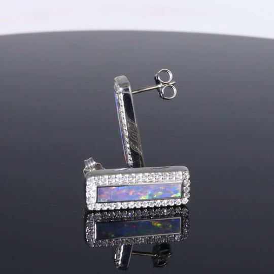 Opal Earrings Rectangle Inlaid with .50ctw Round Diamond Halo Studs