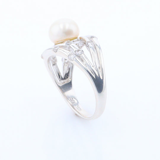 Pearl Bamboo Ring with Cubic Zirconia Accents