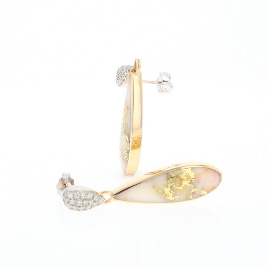 Gold Quartz Earrings, Tear Drop Inlaid with .22ctw Diamond Pave Design