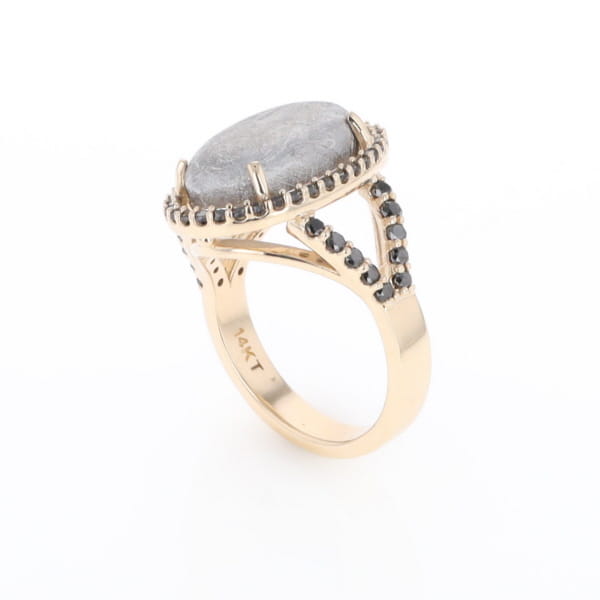 Meteorite Ring Oval Cabochon 0.65ctw Round Black Diamonds Halo