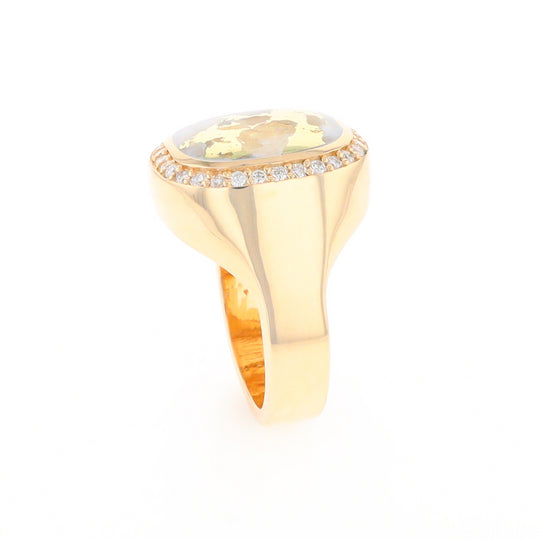 Gold Quartz Cushion Inlaid Men's Ring with Diamond Halo