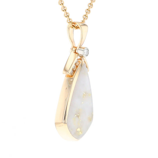 Gold Quartz Necklace Pear Shape Inlaid Pendant with .15ctw Diamonds