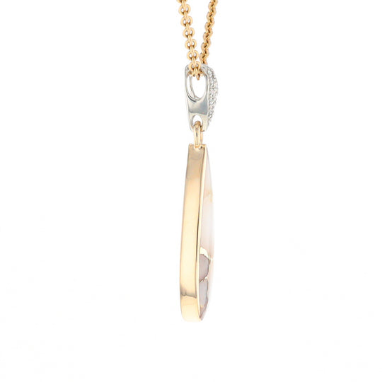 Gold Quartz Necklace, Tear Drop Inlaid Design with .11ctw Diamond Pave Pendant