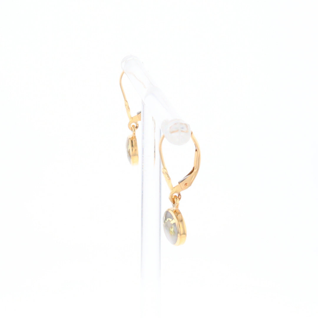 Gold Quartz Earrings Round Inlaid Design Lever Backs