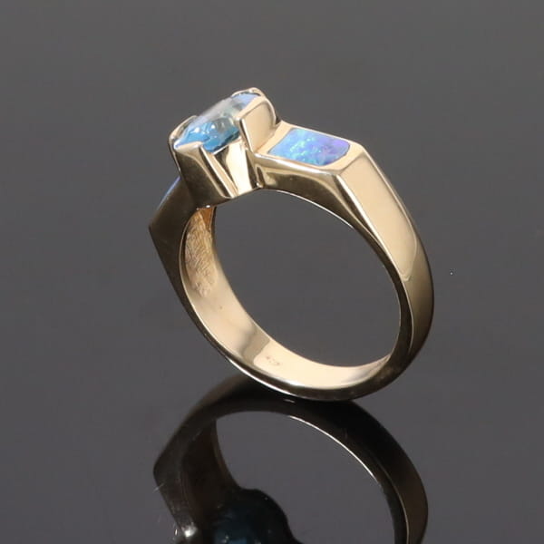 Opal Rings 2 Section Inlaid Design with Oval Swiss Blue Topaz Center