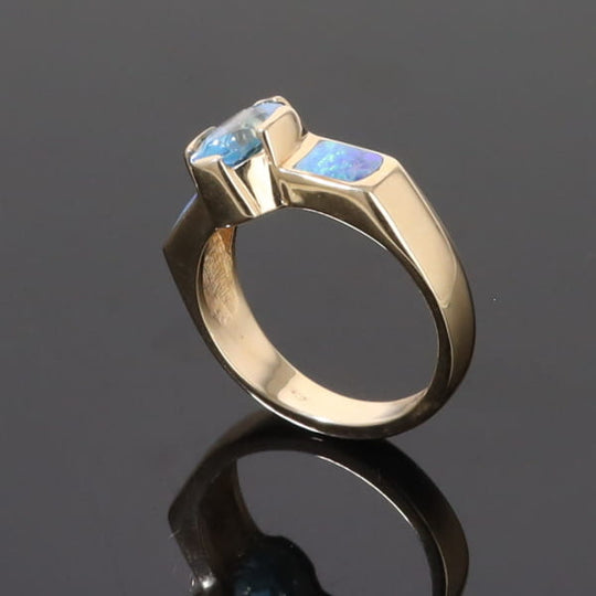 Opal Rings 2 Section Inlaid Design with Oval Swiss Blue Topaz Center