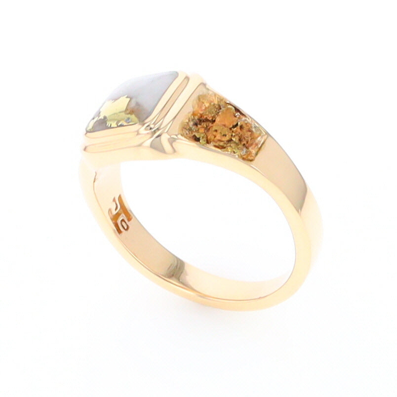 Gold Quartz Ring Square Inlaid Design Double Natural Nugget Sides