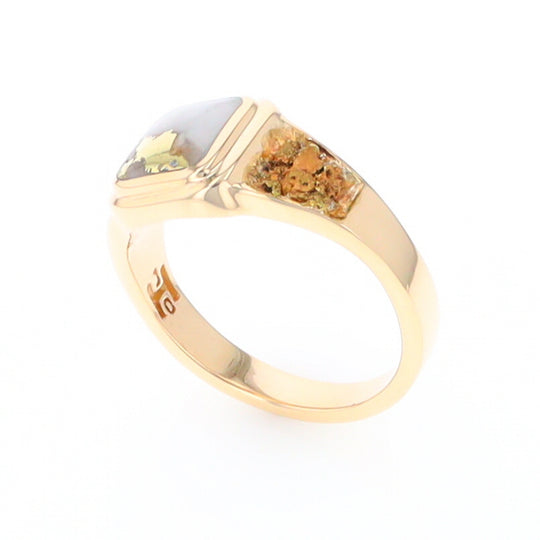 Gold Quartz Ring Square Inlaid Design Double Natural Nugget Sides