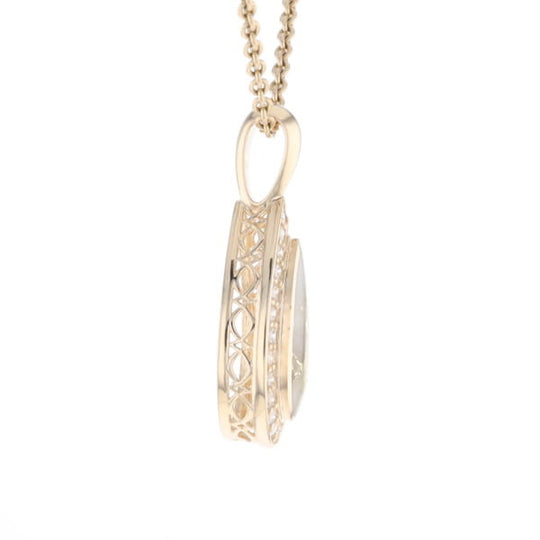 Gold Quartz Pendant Tear Drop Inlaid .42ctw Diamond Halo Design